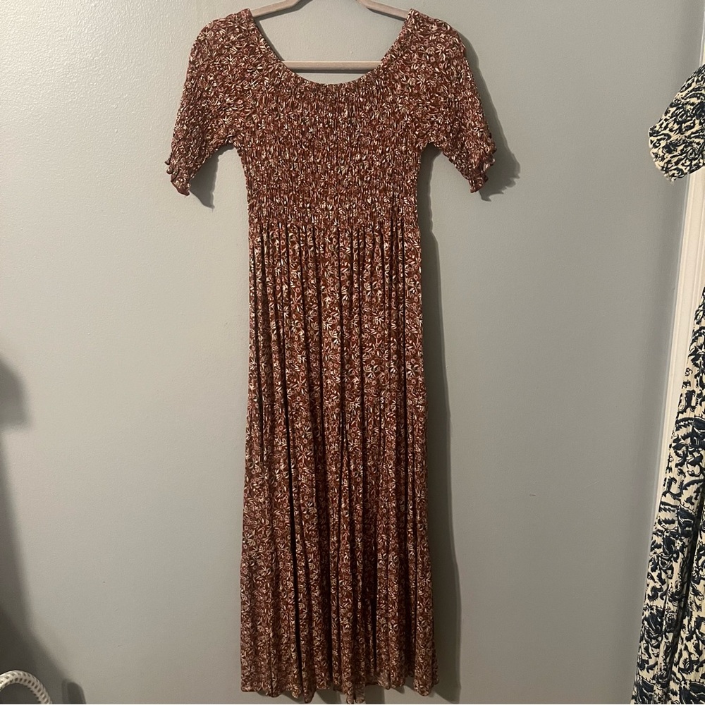 Natural Life Maxi Dress-Short Sleeved Elastic Top, Rust, Green, Cream Size XS/S